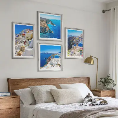 Arkitektonisk landskab i Oia på Santorini billedvæg til ophængning over sofaen