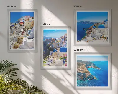 Arkitektonisk landskab i Oia på Santorini billedvæg til ophængning over sofaen