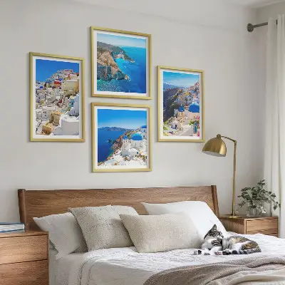 Arkitektonisk landskab i Oia på Santorini billedvæg til ophængning over sofaen