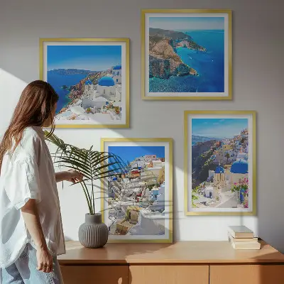 Arkitektonisk landskab i Oia på Santorini billedvæg til ophængning over sofaen