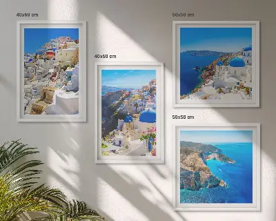 Arkitektonisk landskab i Oia på Santorini billedvæg til ophængning over sofaen