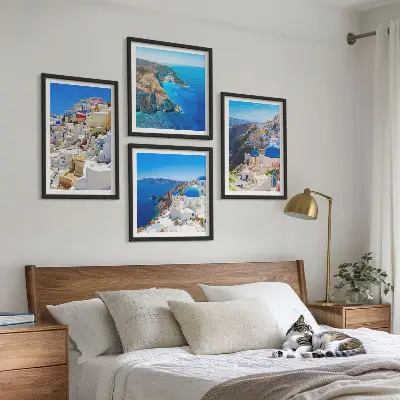 Arkitektonisk landskab i Oia på Santorini billedvæg til ophængning over sofaen