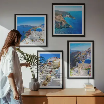 Arkitektonisk landskab i Oia på Santorini billedvæg til ophængning over sofaen