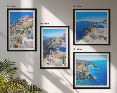 Arkitektonisk landskab i Oia på Santorini billedvæg til ophængning over sofaen
