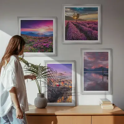 Solnedgang i lavendelmarker billedvæg til ophæng over sofaen