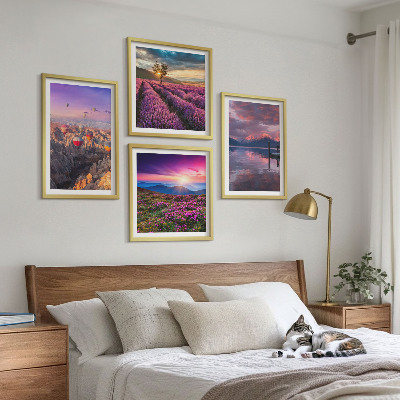 Billedvæg over sofa Solnedgang i lavendelmarker