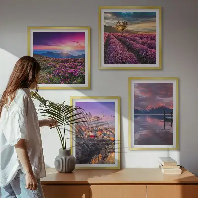 Solnedgang i lavendelmarker billedvæg til ophæng over sofaen