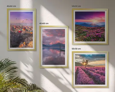 Solnedgang i lavendelmarker billedvæg til ophæng over sofaen