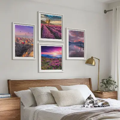 Solnedgang i lavendelmarker billedvæg til ophæng over sofaen
