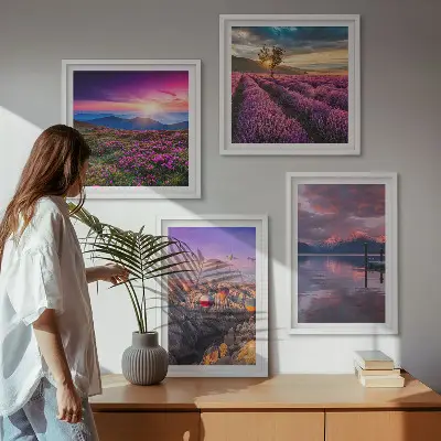 Solnedgang i lavendelmarker billedvæg til ophæng over sofaen