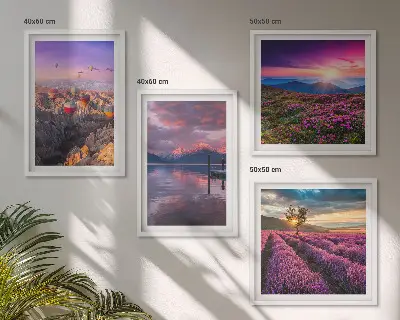 Solnedgang i lavendelmarker billedvæg til ophæng over sofaen