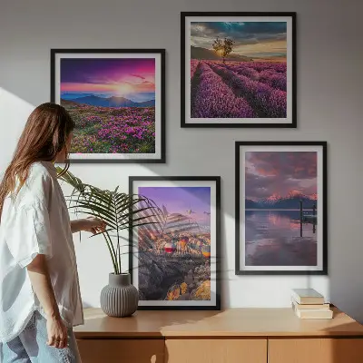 Solnedgang i lavendelmarker billedvæg til ophæng over sofaen