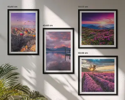 Solnedgang i lavendelmarker billedvæg til ophæng over sofaen