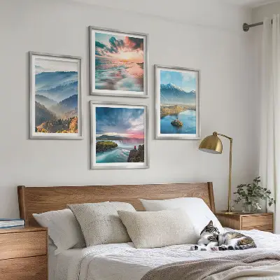 Billedvæg med bjerglandskaber og vandfald til ophæng over sofa