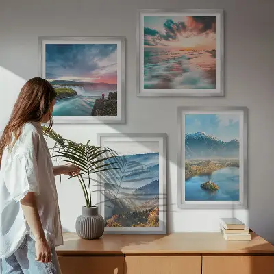 Billedvæg med bjerglandskaber og vandfald til ophæng over sofa