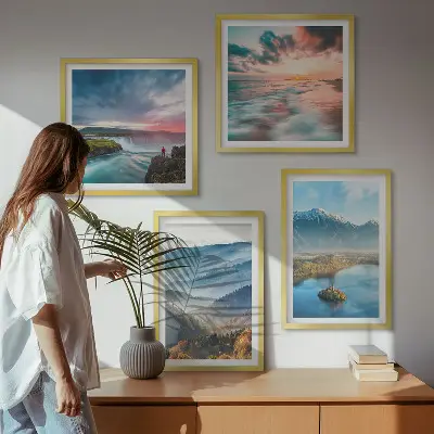 Billedvæg med bjerglandskaber og vandfald til ophæng over sofa