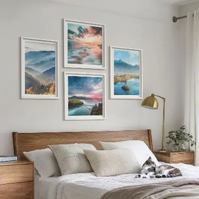 Billedvæg med bjerglandskaber og vandfald til ophæng over sofa