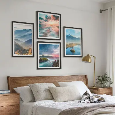 Billedvæg med bjerglandskaber og vandfald til ophæng over sofa