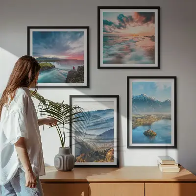 Billedvæg med bjerglandskaber og vandfald til ophæng over sofa