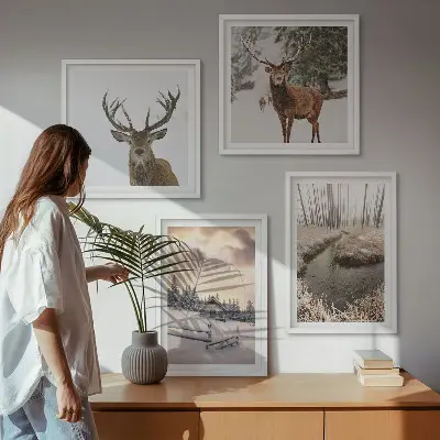 Vinterlandskab med hjorte billedsæt med ramme