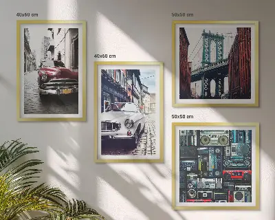 Billedvæg over sofa med retro motiv af gamle biler i Brooklyn