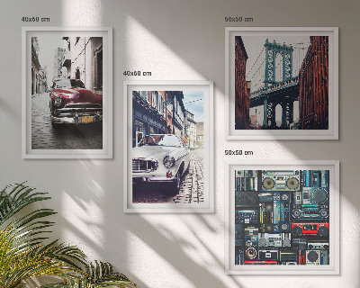 Billedvæg over sofa Gamle biler Brooklyn retro lyd