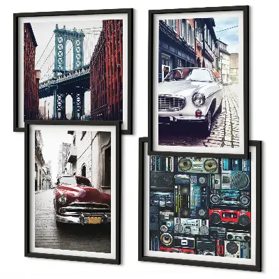 Billedvæg over sofa med retro motiv af gamle biler i Brooklyn