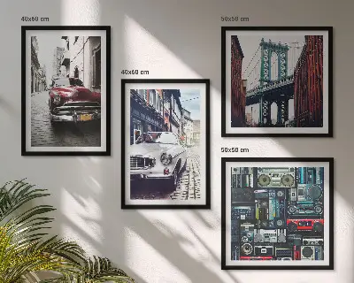 Billedvæg over sofa med retro motiv af gamle biler i Brooklyn