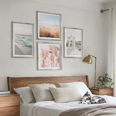 Billedsæt med ramme med motiver af planter, havbølger, udsigt og huse
