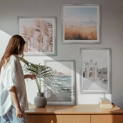 Billedsæt med ramme med motiver af planter, havbølger, udsigt og huse