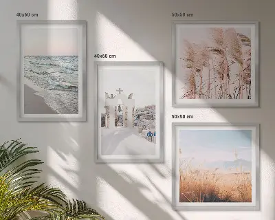 Billedsæt med ramme med motiver af planter, havbølger, udsigt og huse