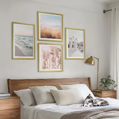 Billedsæt med ramme med motiver af planter, havbølger, udsigt og huse