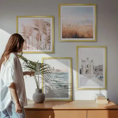 Billedsæt med ramme med motiver af planter, havbølger, udsigt og huse