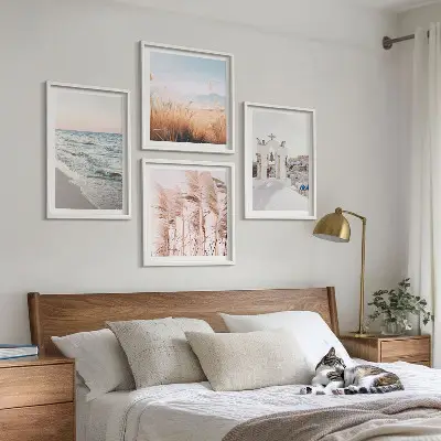 Billedsæt med ramme med motiver af planter, havbølger, udsigt og huse