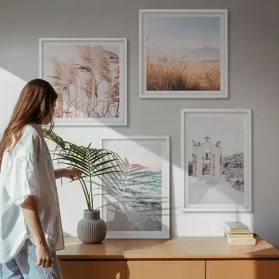 Billedsæt med ramme med motiver af planter, havbølger, udsigt og huse