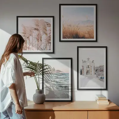 Billedsæt med ramme med motiver af planter, havbølger, udsigt og huse