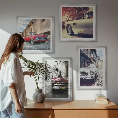Klassiske biler i byerne billedvæg til over sofaen
