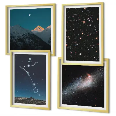 Billedvæg over sofa med motiv af kosmiske landskaber i Fiskenes bjerge