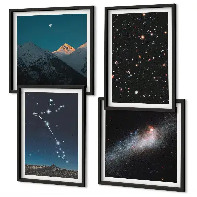 Billedvæg over sofa med motiv af kosmiske landskaber i Fiskenes bjerge