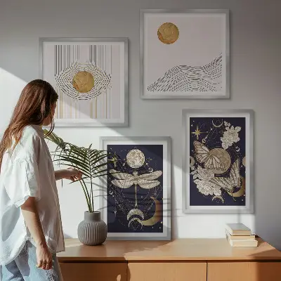 Billedvæg med naturmotiver plakatpakke med månen til ophæng over sofa
