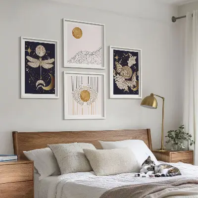 Billedvæg med naturmotiver plakatpakke med månen til ophæng over sofa