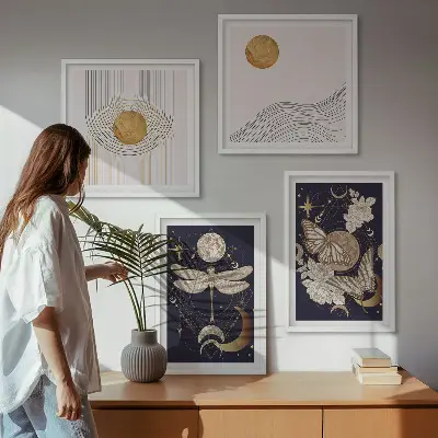 Billedvæg med naturmotiver plakatpakke med månen til ophæng over sofa