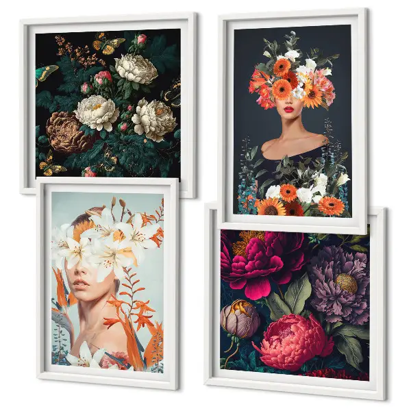 Billedvæg over sofa med motiver af blomsterportrætter, buketter og blade