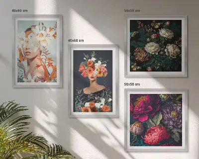 Billedvæg over sofa med motiver af blomsterportrætter, buketter og blade