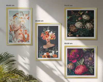 Billedvæg over sofa med motiver af blomsterportrætter, buketter og blade
