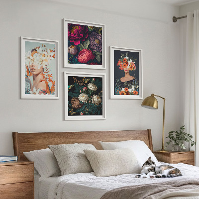 Billedvæg over sofa Blomsterportrætter buketter blade