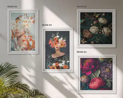 Billedvæg over sofa med motiver af blomsterportrætter, buketter og blade