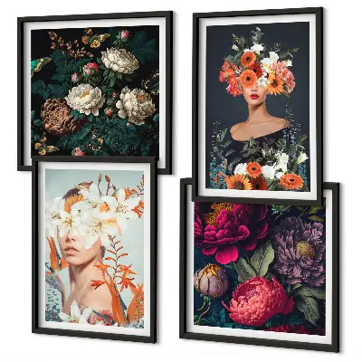 Billedvæg over sofa med motiver af blomsterportrætter, buketter og blade