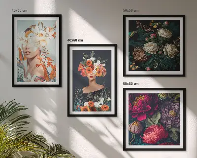 Billedvæg over sofa med motiver af blomsterportrætter, buketter og blade