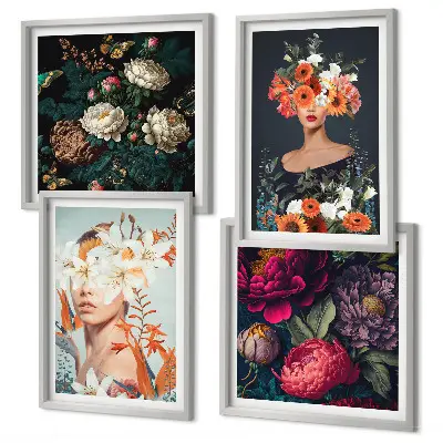 Billedvæg over sofa med motiver af blomsterportrætter, buketter og blade